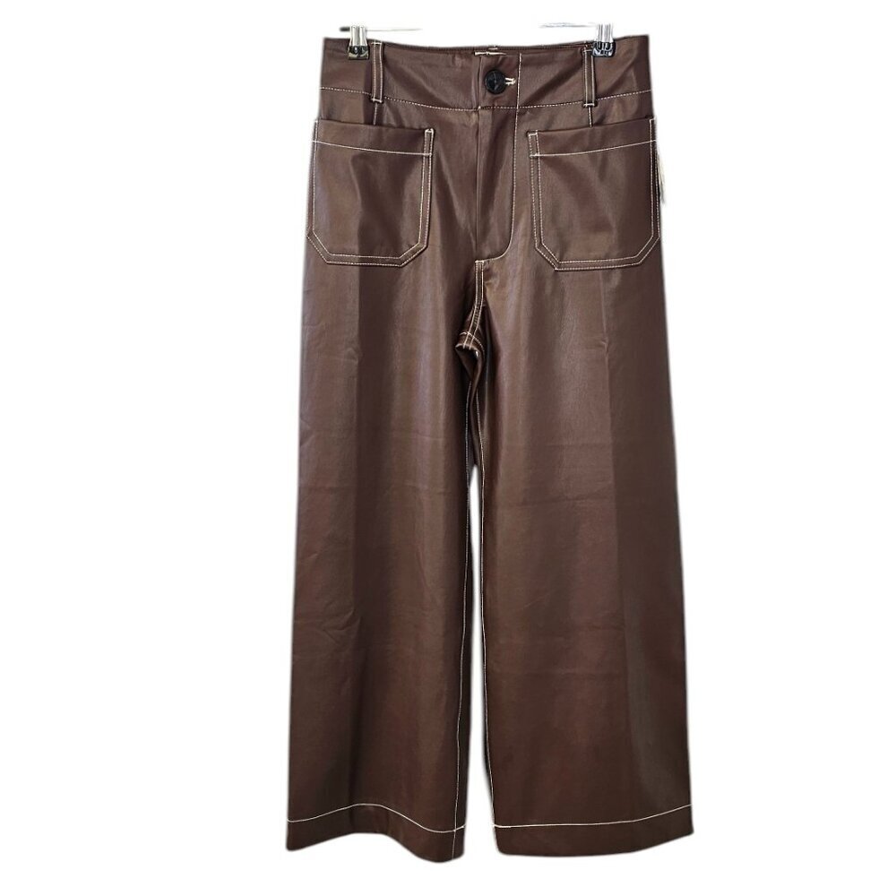 Anthropologie Maeve The Colette Crop Wide-Leg Pants, Faux-Leather Top-Stitch, 26
